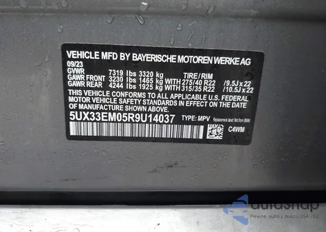 2024 BMW X7 M60I z USA, uszkodzony, nr VIN 5UX33EM05R9U14037